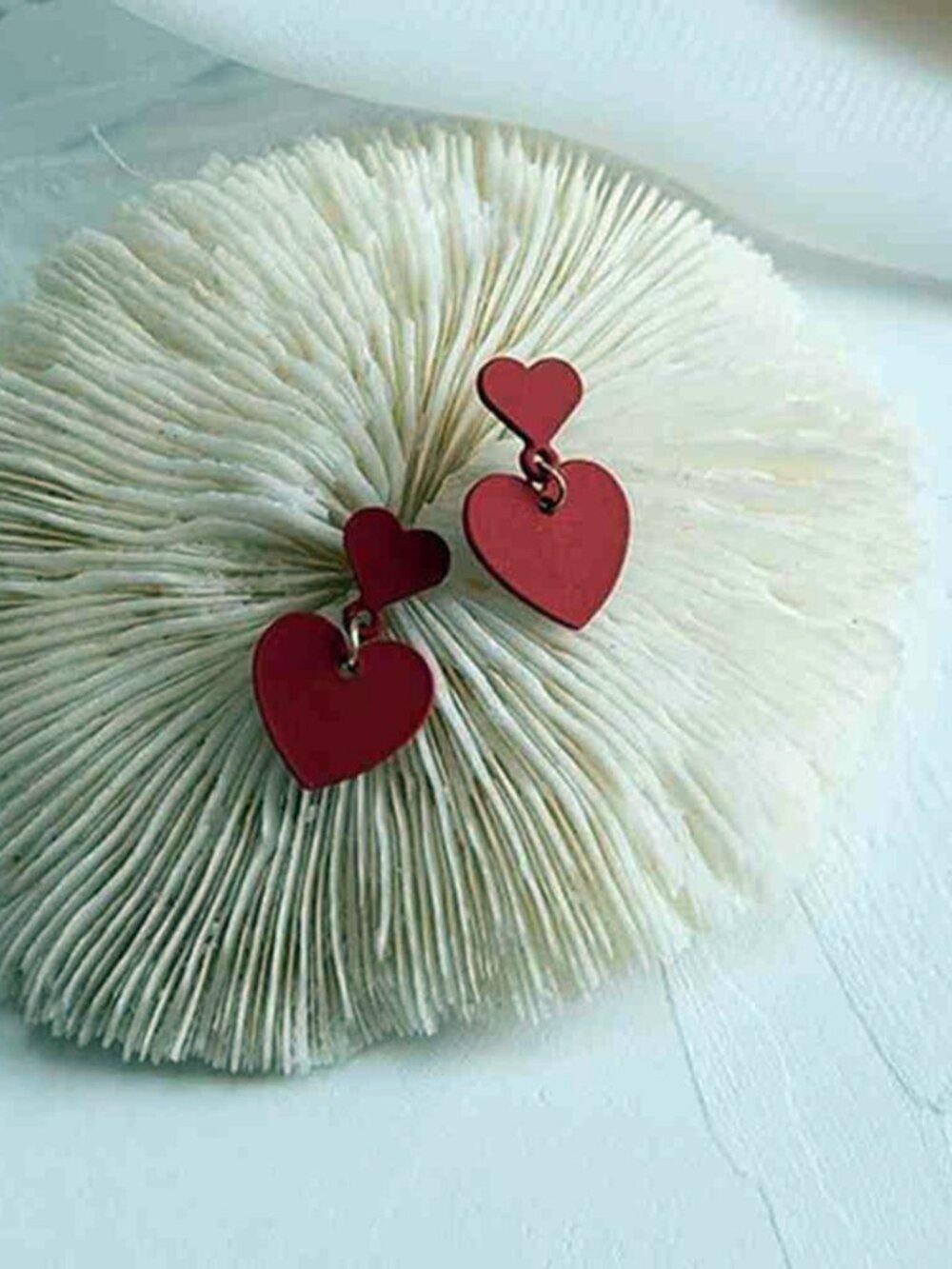Matte Red Double Heart Dangle Drop Earrings Gold‑Tone Valentine’s Day Jewelry